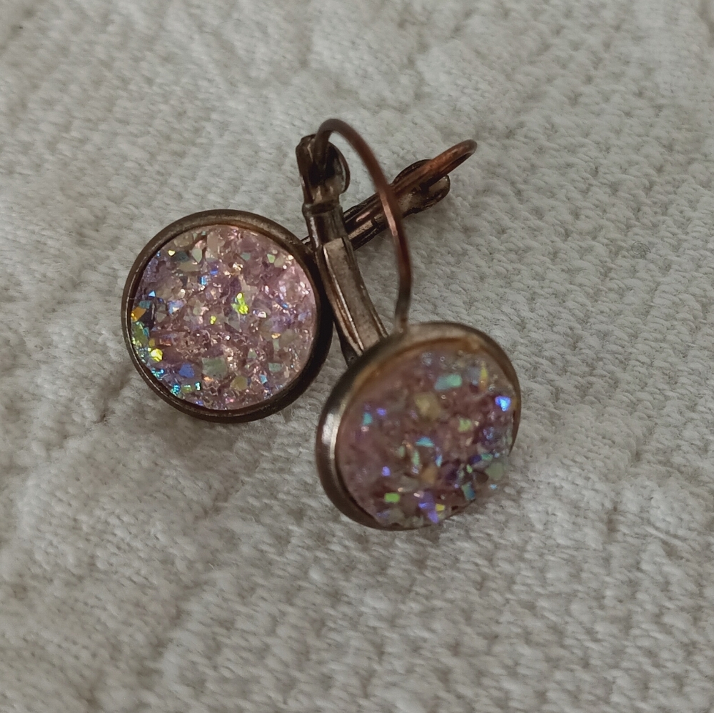 Pink Druzy Stud Earring Set Mermaid Iridescent Metallic Purple Glitter Dopamine - Picture 5 of 10